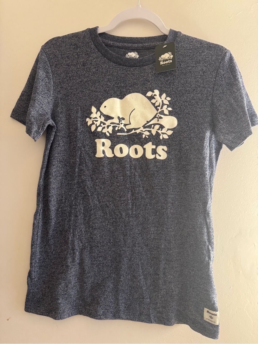 🇨🇦 Roots Heather Bluish Grayish Hues Tee with Cream Iconic Beaver Logo -NWT - XS
